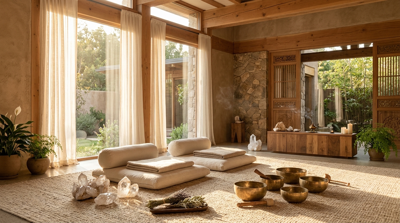 The Gratitude Healer Sanctuary with quartz crystals and Tibetan singing bowls